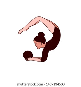 Young woman doing gymnastics with ball. Vector illustration on white background.