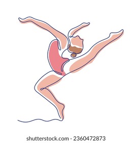 Young woman doing gymnastics exercise continuous line colourful vector illustration