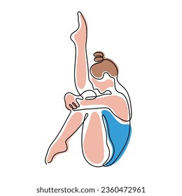 Young woman doing gymnastics exercise continuous line colourful vector illustration