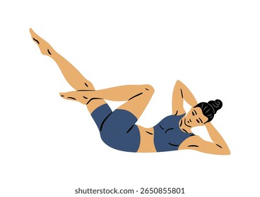Jovem fazendo ginástica. Garota fazendo exercícios de fitness. Alongamento e pilates posam. Esporte, beleza corporal e saúde. Ilustração vetorial isolada no plano de fundo branco
