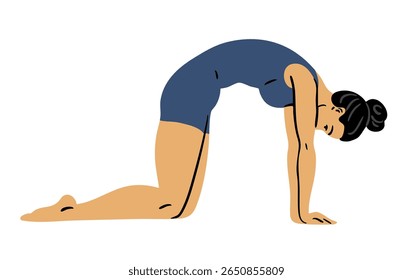 Jovem fazendo ginástica. Garota fazendo exercícios de fitness. Alongamento e pilates posam. Esporte, beleza corporal e saúde. Ilustração vetorial isolada no plano de fundo branco