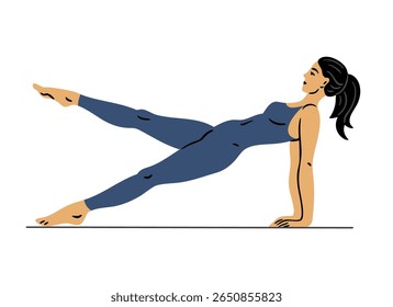 Jovem fazendo ginástica. Garota fazendo exercícios de fitness. Alongamento e pilates posam. Esporte, beleza corporal e saúde. Ilustração vetorial isolada no plano de fundo branco