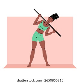 Jovem fazendo ginástica com um bastão. Garota fazendo exercícios de fitness. Esporte, beleza corporal e saúde. Ilustração vetorial isolada no plano de fundo branco