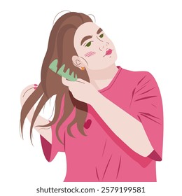 Young woman doing hair brushing. Self-care woman with beauty everyday routines. Wellness lifestyle branding. Minimalistic vector illustration in flat modern style. Isolated