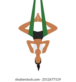 Jovem mulher fazendo Half Bound Angle Pose Inverted Aerial ou Ardha Baddha Konasana Viparita Aerial. Ilustração de vetor plano isolada no plano de fundo branco