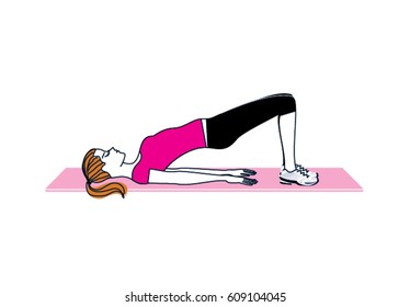 Young woman doing half bridge exercise. Vector illustration.