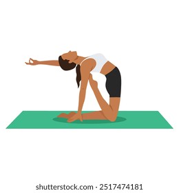 Young woman doing Half Camel Pose Variation Raised Toe or Ardha Ustrasana Variation Raised Toe yoga exercise. Flat vector illustration isolated on white background