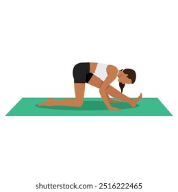 Mujer joven que hace la mitad de la pose de las divisiones, la mitad de la pose del mono o Ardha Hanumanasana. Ilustración vectorial plana aislada sobre fondo blanco