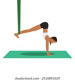 Young woman doing Handstand Pose Prep Aerial or Adho Mukha Vrksasana Prep Aerial yoga exercise. Flat vector illustration isolated on white background