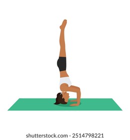 Jovem mulher fazendo Headstand Pose Ii ou exercício de ioga Sirsasana Ii. Ilustração de vetor plano isolada no plano de fundo branco