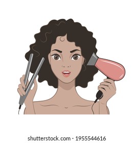 Young Woman doing her hair. Isolated vector image. African american woman holding hairdryer and hair curler
