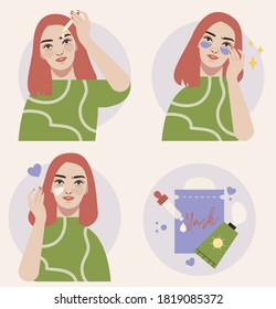 Young woman doing her skincare routine with her beauty products, serum, face cream, eye mask, sheet mask, sunscreen