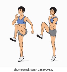 Young Woman Doing High Knees Warming Exercise Vector Image