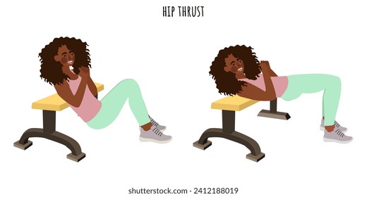 Young woman doing hip thrust exercise. Feminism, self acceptance and liberty. Active lifestyle. Sport, wellness, workout, fitness. Flat vector illustration