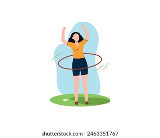 young woman is doing hula hoop in the park in the morning. sport and recreation illustration. Healty life concept in flat style design.