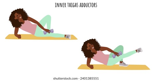 Young woman doing inner thighs adductor exercise. Feminism, self acceptance and liberty. Active lifestyle. Sport, wellness, workout, fitness. Flat vector illustration