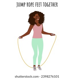 Young woman doing jump rope feet together exercise. Feminism, self acceptance and liberty. Active lifestyle. Sport, wellness, workout, fitness. Flat vector illustration