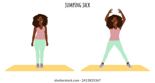 Young woman doing jumping jack exercise. Feminism, self acceptance and liberty. Active lifestyle. Sport, wellness, workout, fitness. Flat vector illustration