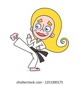 Young woman doing karate on a white background