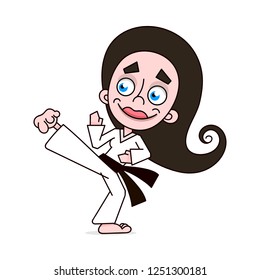 Young woman doing karate on a white background