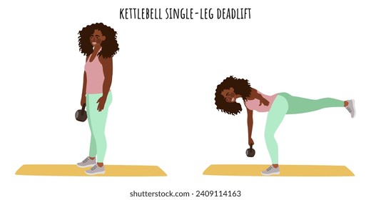 Young woman doing kettlebell single-leg deadlift exercise. Feminism, self acceptance and liberty. Active lifestyle. Sport, wellness, workout, fitness. Flat vector illustration