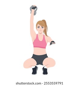 Young woman doing doing Kettlebell snatch exercise. Flat vector Character Illustration