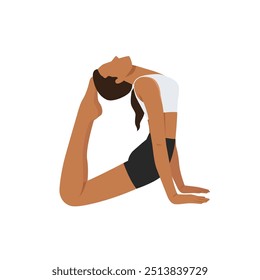 Jovem fazendo exercício de ioga King Cobra Pose ou Raja Bhujangasana. Ilustração de vetor plano isolada no plano de fundo branco