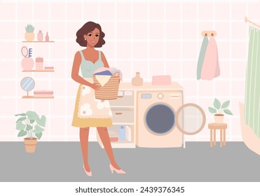 Young woman is doing laundry. Housewife with clothes next to the washing machine. Wardrobe, laundry basket, accessories and potted plants. Flat vector illustration.