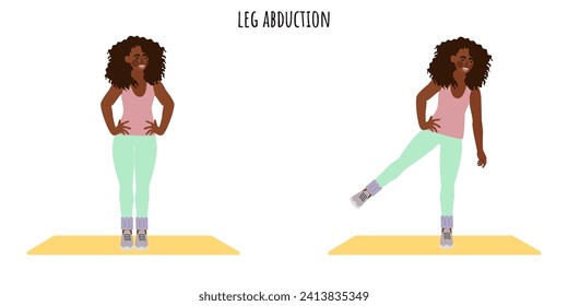 Mujer joven haciendo ejercicio de secuestro de piernas. Feminismo, autoaceptación y libertad. Estilo de vida activo. Deportes, wellness, entrenamiento, fitness. Ilustración vectorial plana