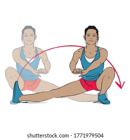 young woman doing leg exercise - cossack squat / deep side lunge - colour vector series