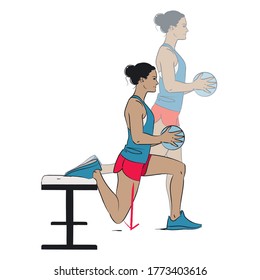 young woman doing legs exercise -bulgarian split squat with medicine ball using workout bench - colour vector series