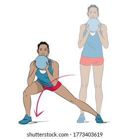 Young Woman Doing Legs Exercise - Side Lunge Holding Medicine Ball Weight - Colour Vector Series