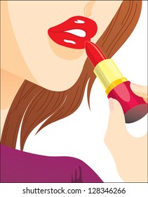 Young woman doing makeup her lips of red lipstick