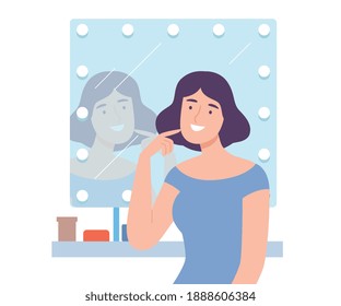 Young Woman Doing Makeup At Mirror, Skin Care Routine Cartoon Style Vector Illustration