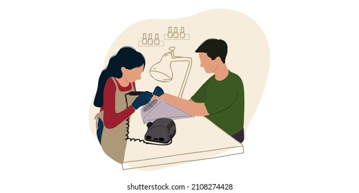 Young woman doing manicure to man. Beauty salon or training courses or master class. Flat vector illustration
and Doodle style or Hand drawing.