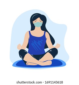 Young woman doing meditation in mask. Coronavirus covid-19 2019-nCoV quarantine illustration.