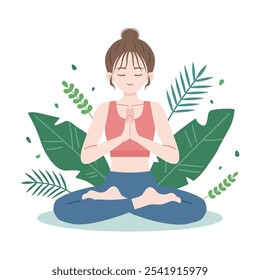 young woman doing meditation in yoga pose surrounded by leaves