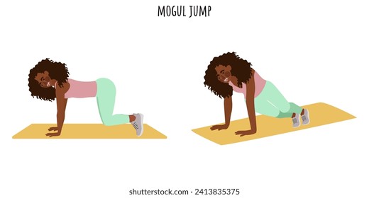 Young woman doing mogul jump exercise. Feminism, self acceptance and liberty. Active lifestyle. Sport, wellness, workout, fitness. Flat vector illustration