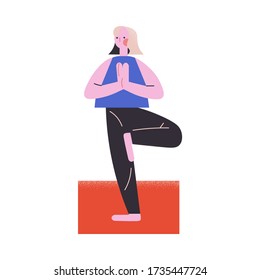 Young woman doing morning yoga class at home vector illustration
