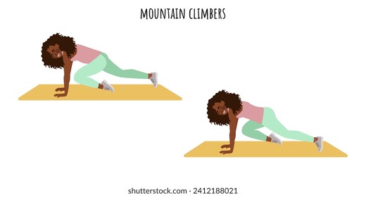 Young woman doing mountain climbers exercise. Feminism, self acceptance and liberty. Active lifestyle. Sport, wellness, workout, fitness. Flat vector illustration