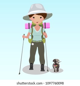 Young woman doing nordic walking with sticks. Young woman walking the Camino de Santiago with a dog. Caucasian ethnicity. Cheerful backpacker hiking during a summer trip. Backpacker illustration.