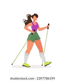 Joven haciendo caminatas nórdicas. Ilustración vectorial plana. Estilo de vida saludable activo. Ilustración vectorial plana aislada en fondo blanco