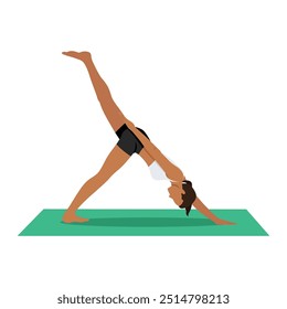 Jovem mulher fazendo uma mão três pernas para baixo voltado para o cão Pose ou Eka Hasta Tri Pada Adho Mukha Svanasana. Ilustração de vetor plano isolada no plano de fundo branco