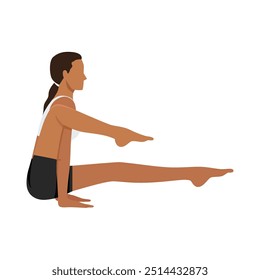 Young woman doing One-Legged Insect Pose, Elephant Trunk Leg Over Shoulder Pose or Eka Pada Bhujapidasana. Flat vector illustration isolated on white background