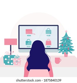 Young Woman Doing Online Christmas Shopping on Her Computer at Home Flat Vector Illustration.