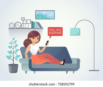 Young woman doing online shoppin, browsing the internet at the laptop. Vector clip art