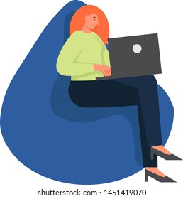 Young woman doing online shopping while sitting in bean bag chair, vector flat illustration isolated on white background. Internet shopping concept for for web banner, website page etc.