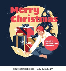 young woman doing online shopping for christmas gifts using laptop. Christmas tree, decorations, snow, festive mood. Vector flat illustration