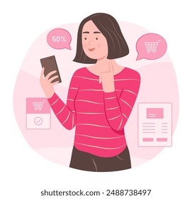 Young Woman Doing Online Shopping on Smartphone for E-Commerce Concept Illustration