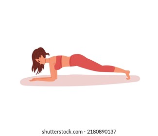 Mujer joven haciendo ejercicio de tabla. Deportes de chicas en casa. Concepto de entrenamiento diario. Ilustración vectorial plana aislada en fondo blanco